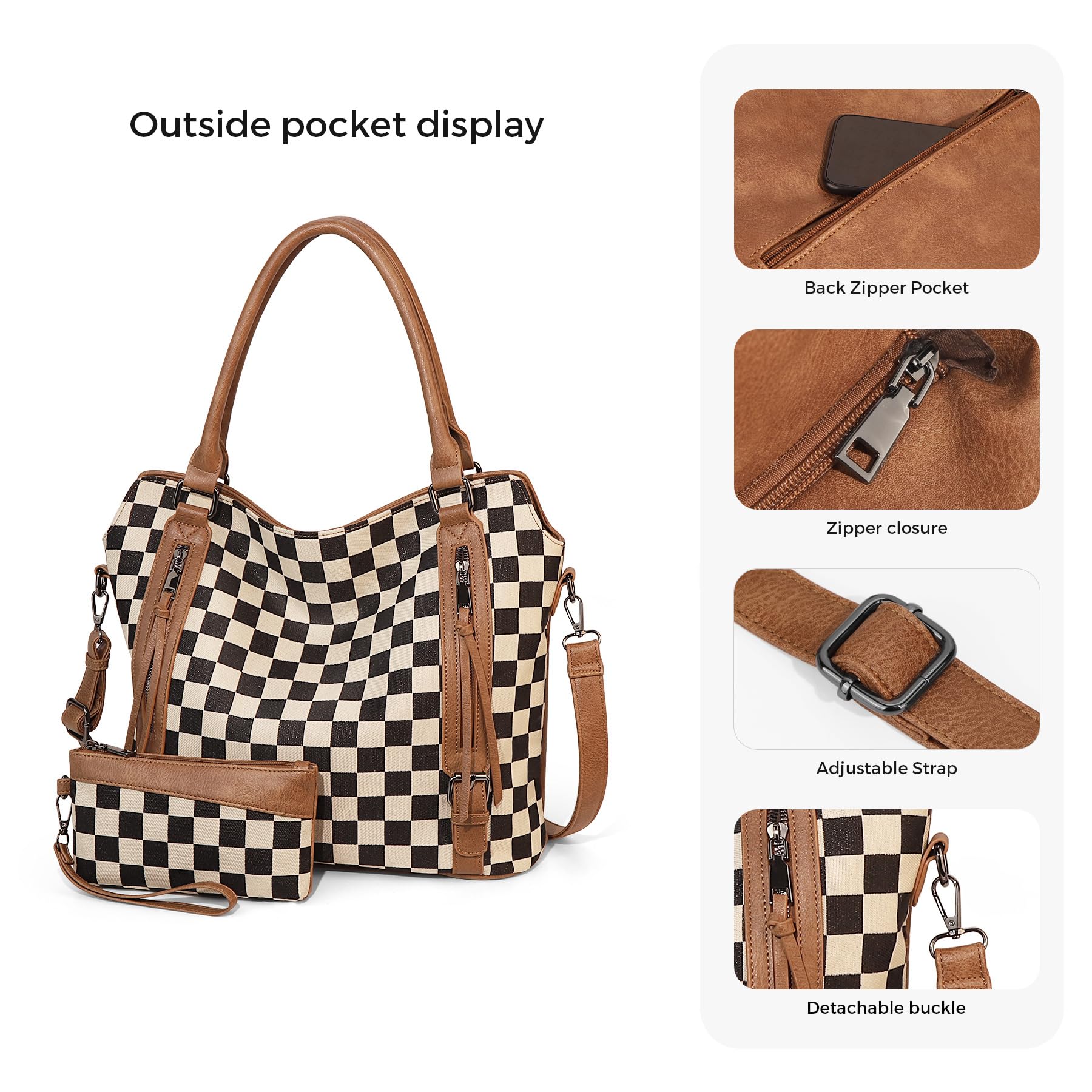 Ounamei Plaid Carry-All Hobo Tote Bag with Pouch for Women | PU Leather & Canvas Large-Capacity Shoulder & Crossbody Bag for Daily Use