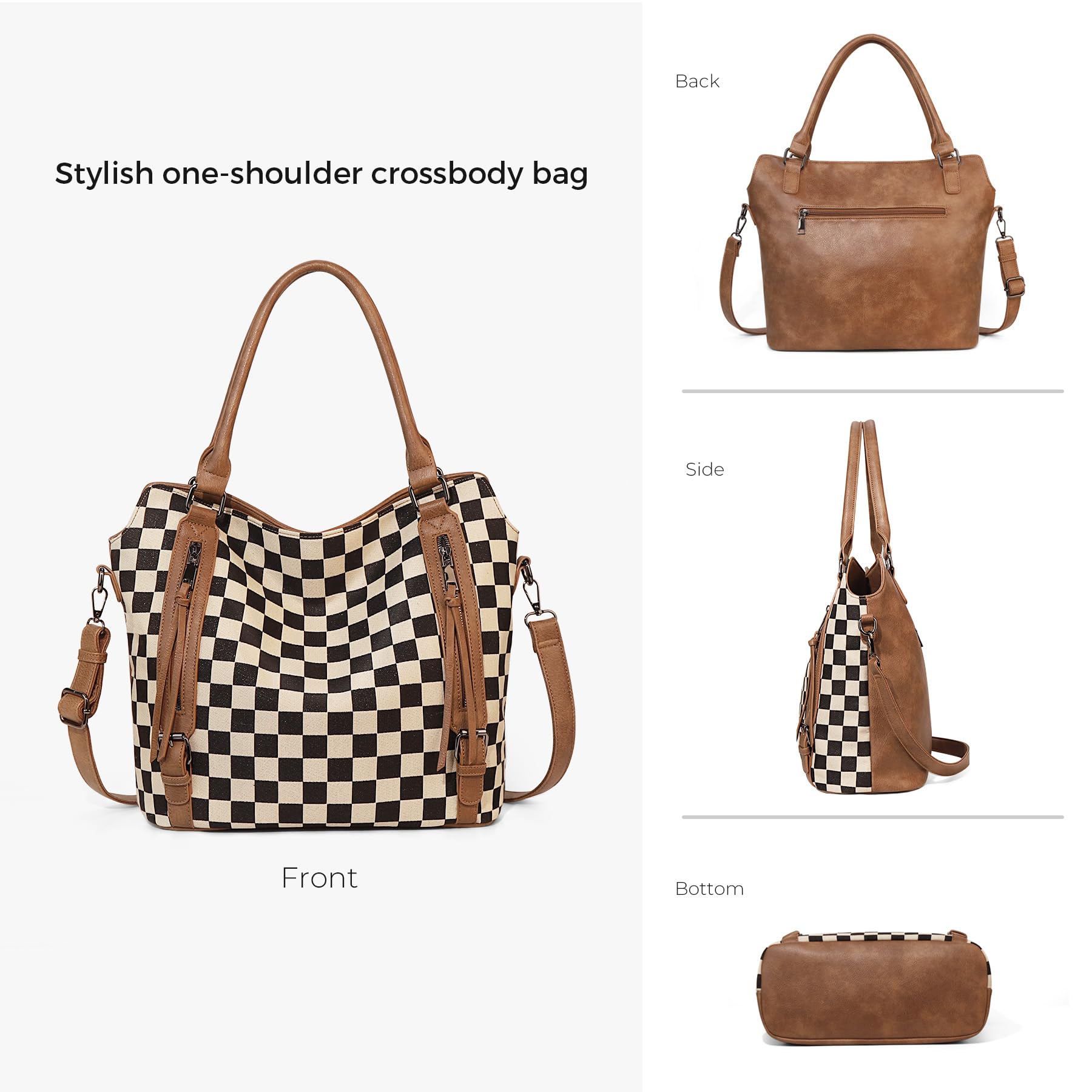 Ounamei Plaid Carry-All Hobo Tote Bag with Pouch for Women | PU Leather & Canvas Large-Capacity Shoulder & Crossbody Bag for Daily Use