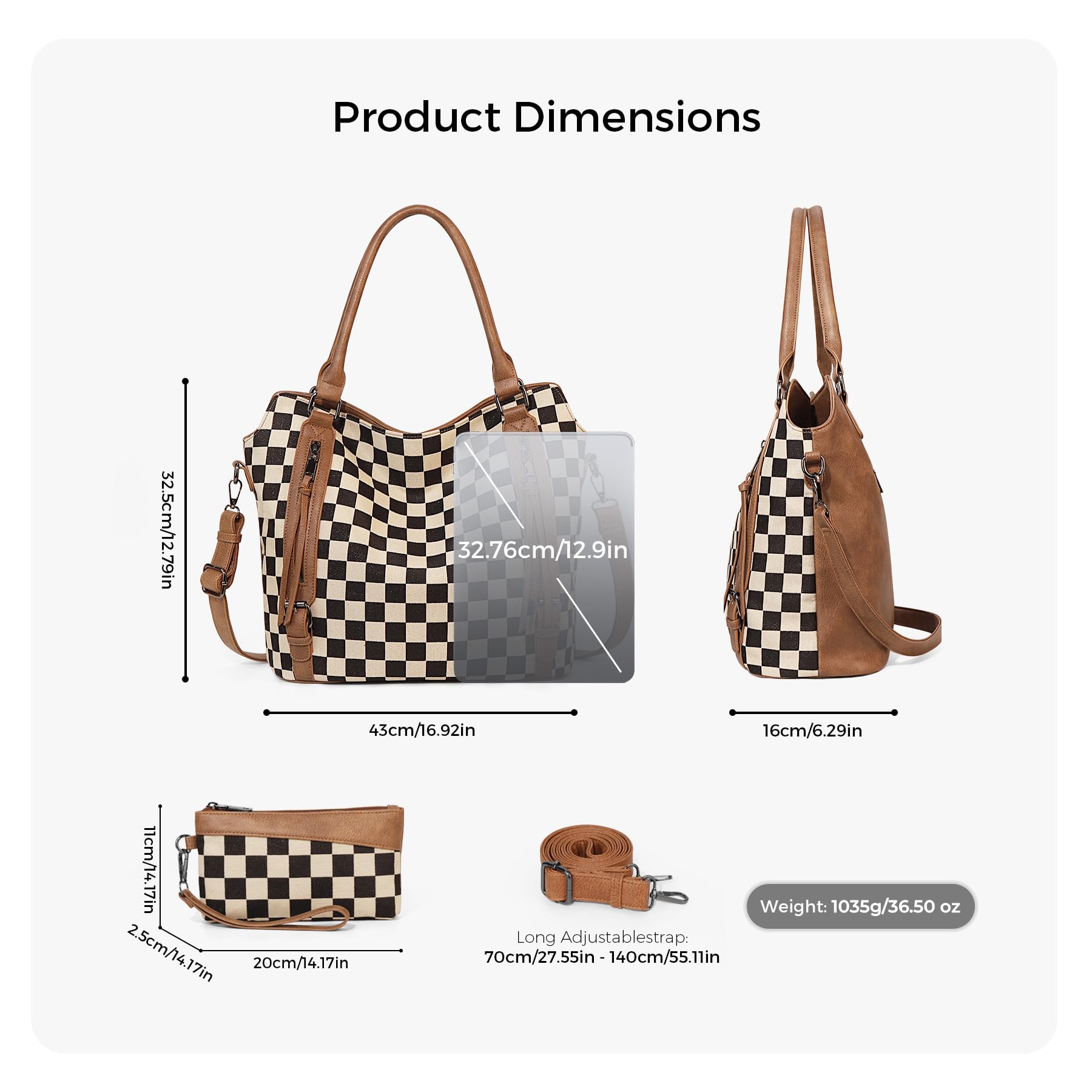 Ounamei Plaid Carry-All Hobo Tote Bag with Pouch for Women | PU Leather & Canvas Large-Capacity Shoulder & Crossbody Bag for Daily Use