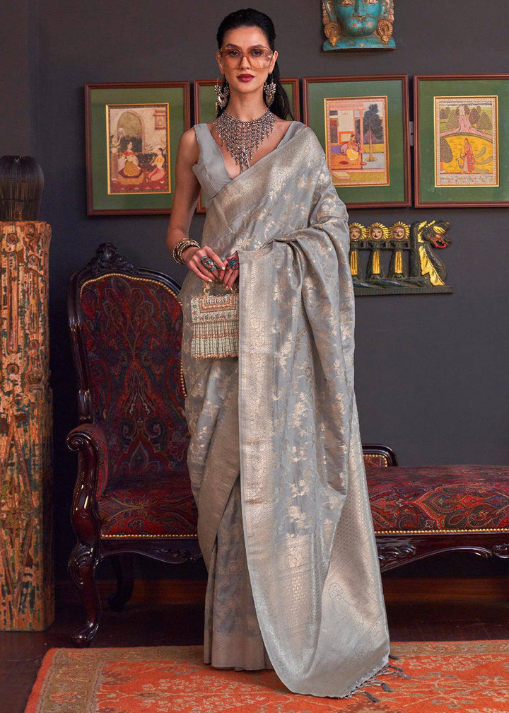 Oxford Grey Zari Woven Banarasi Katan Silk Saree | Stitched Blouse - qivii