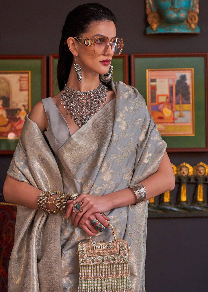 Oxford Grey Zari Woven Banarasi Katan Silk Saree | Stitched Blouse - qivii