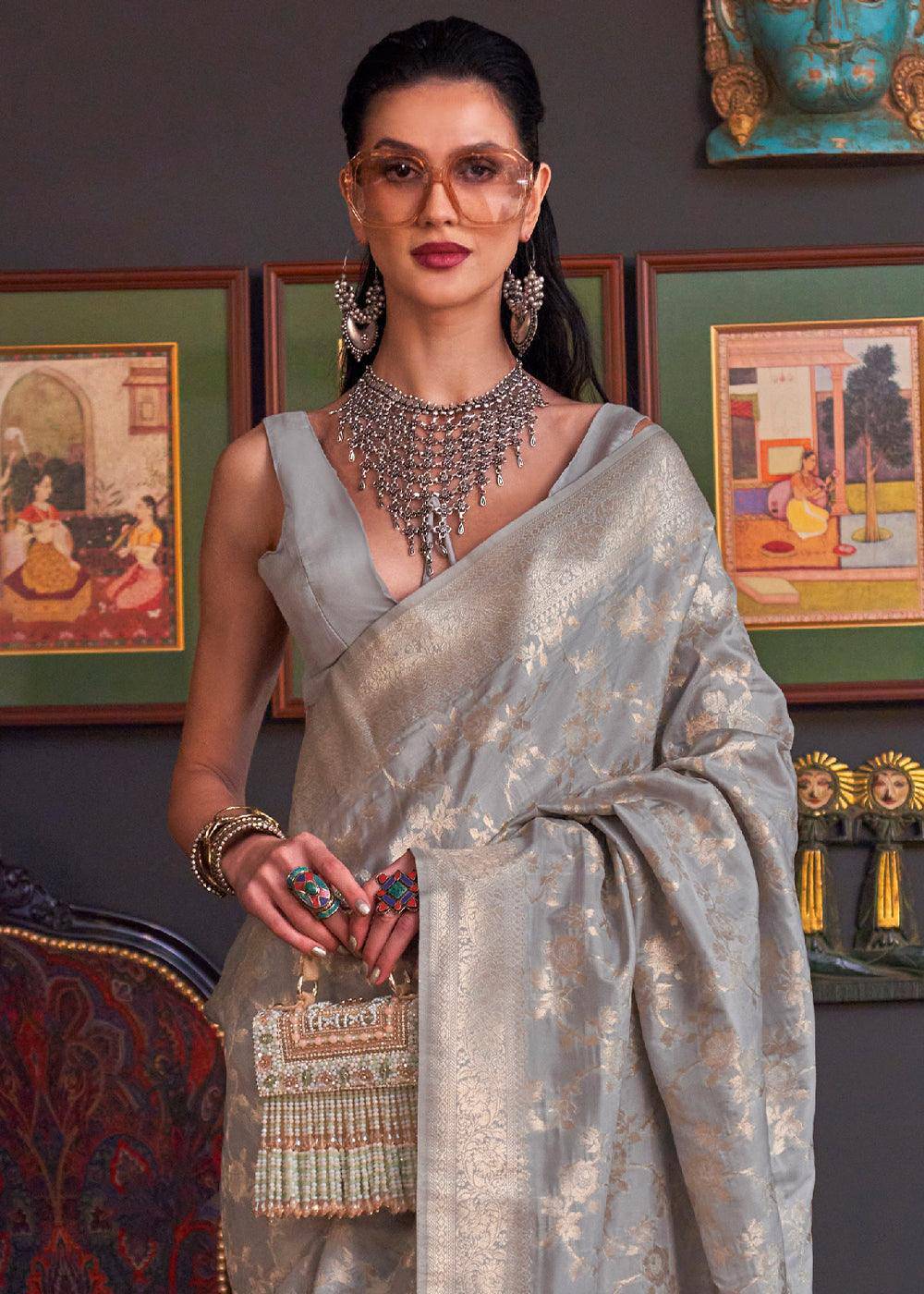 Oxford Grey Zari Woven Banarasi Katan Silk Saree | Stitched Blouse - qivii