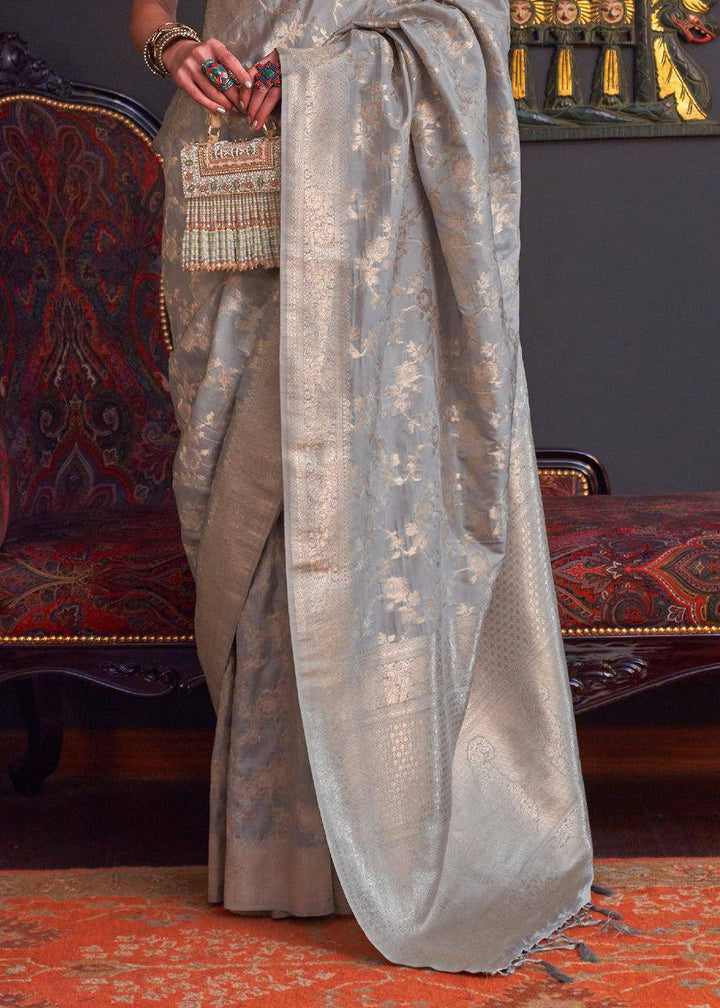 Oxford Grey Zari Woven Banarasi Katan Silk Saree | Stitched Blouse - qivii