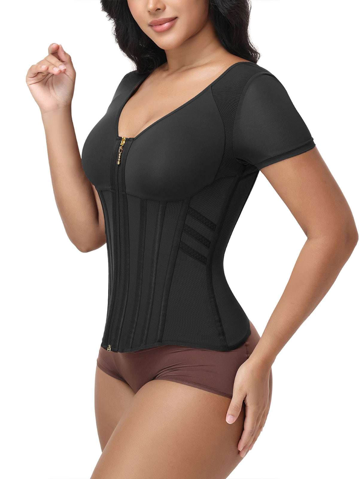 V Neck Front Zipper Short Sleeve Segmented Bone Waist Trainer Compression Shaping Top
