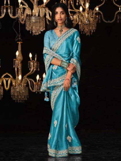 Sky Blue Satin Silk Saree Embellished with Stone,Sequin,Embroidery & Zarkan work