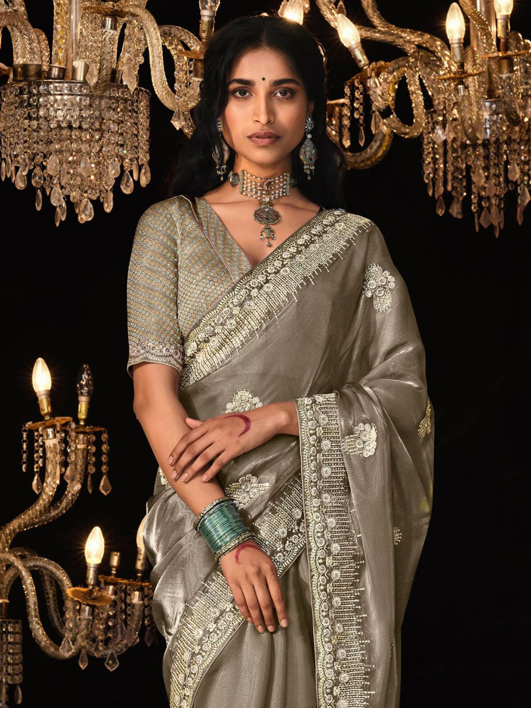 Light Brown Satin Silk Saree Embellished with Stone,Sequin,Embroidery & Zarkan work