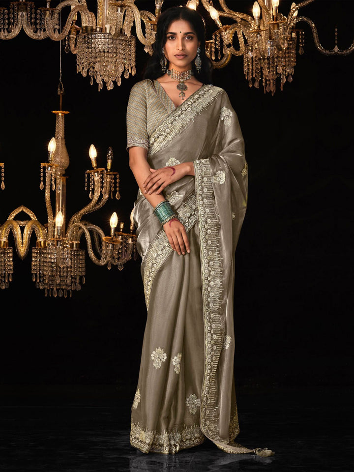 Light Brown Satin Silk Saree Embellished with Stone,Sequin,Embroidery & Zarkan work