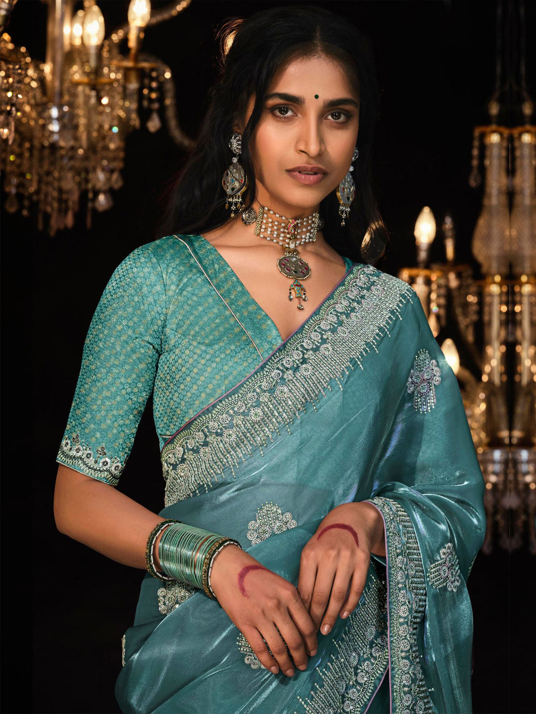 Teal Blue Satin Silk Saree Embellished with Stone,Sequin,Embroidery & Zarkan work