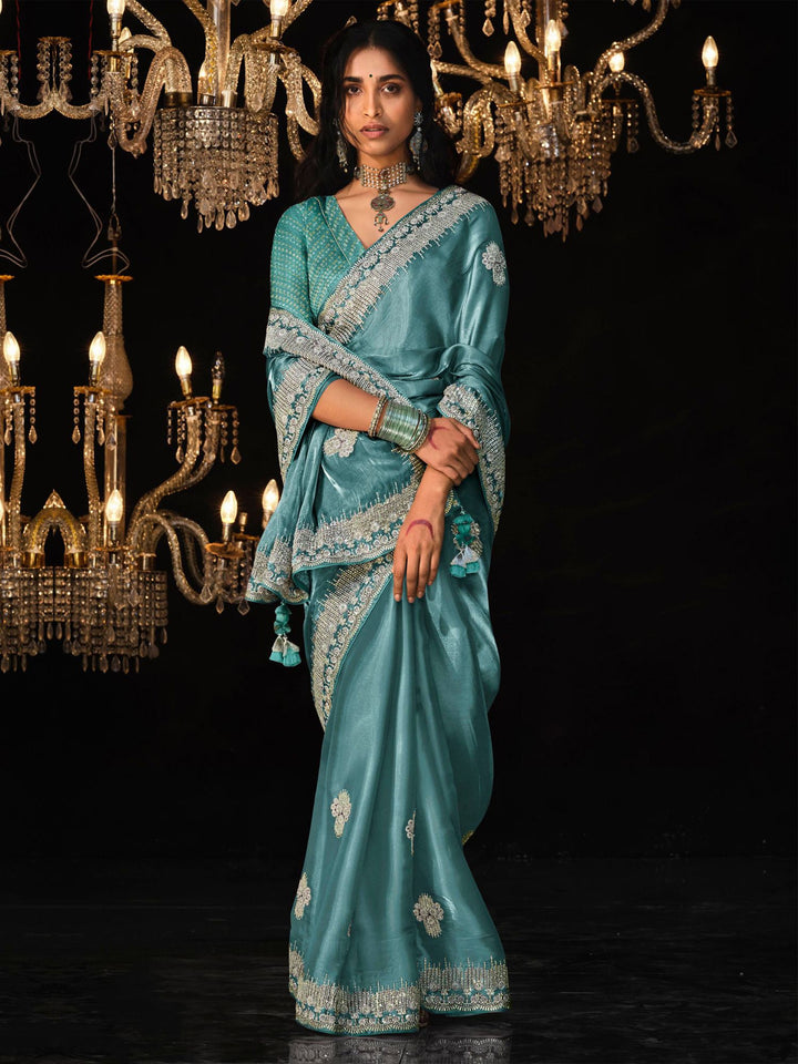 Teal Blue Satin Silk Saree Embellished with Stone,Sequin,Embroidery & Zarkan work