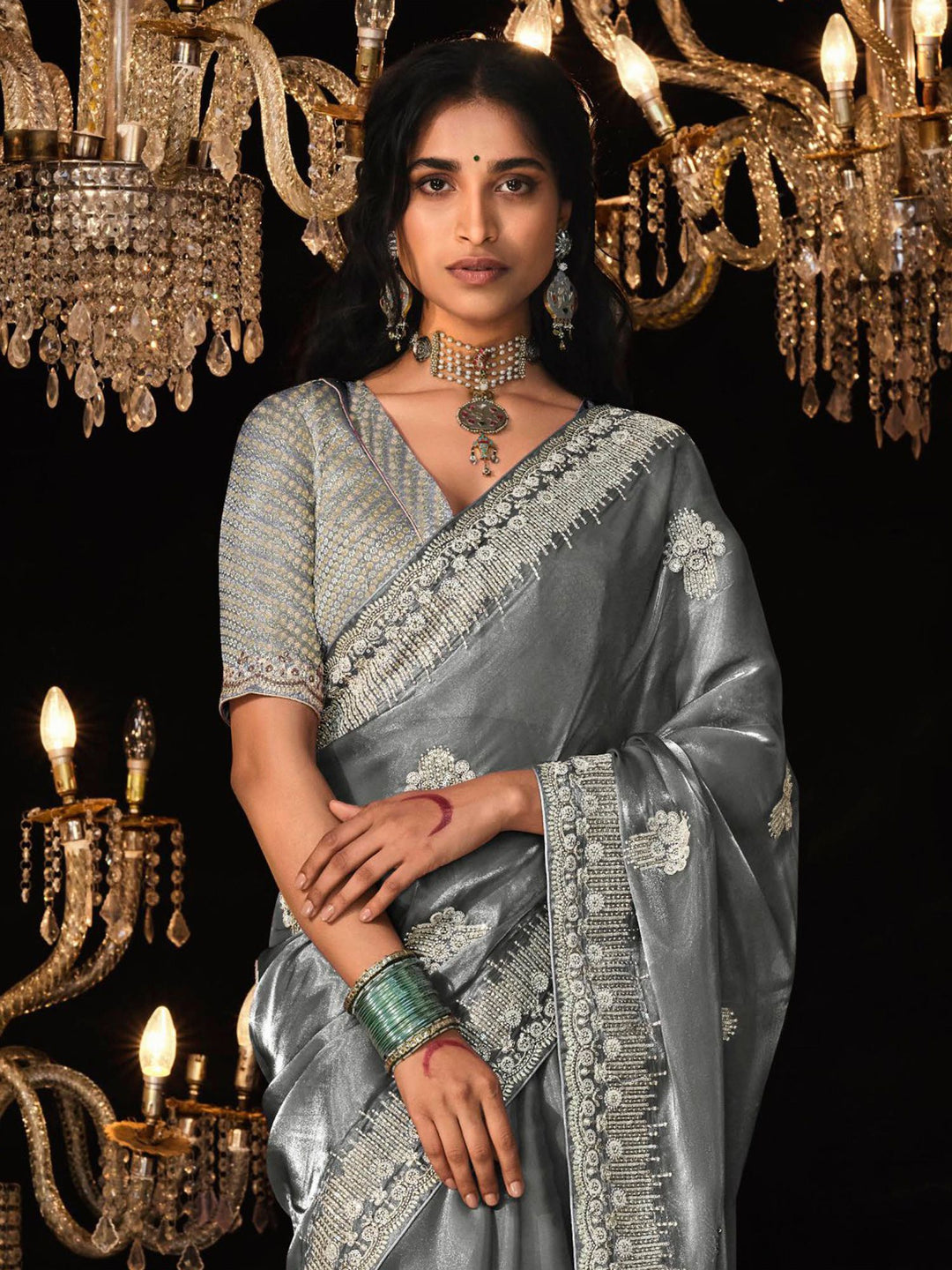 Grey Satin Silk Saree Embellished with Stone,Sequin,Embroidery & Zarkan work