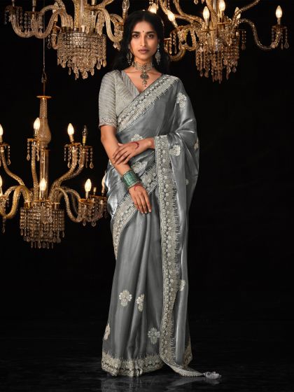 Grey Satin Silk Saree Embellished with Stone,Sequin,Embroidery & Zarkan work