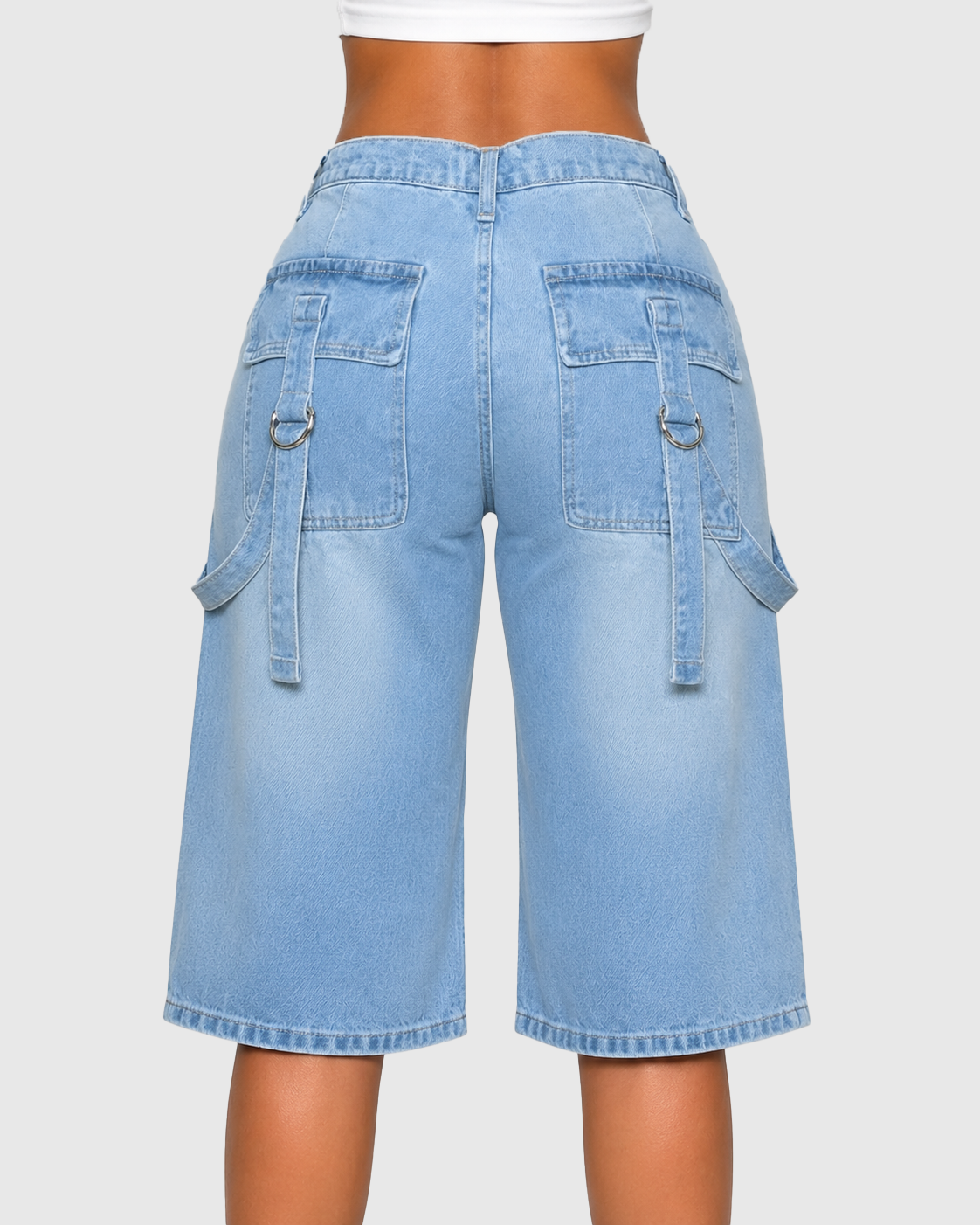 Light Wash Strap Detail Cargo Wide Leg Denim Bermuda Shorts  - By Qivii