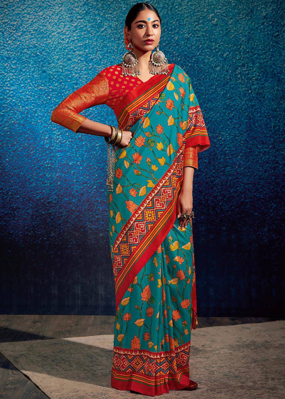 Pacific Blue & Red Kalamkari Printed Soft Tussar Silk Saree with Patola Pallu | Stitched Blouse - qivii