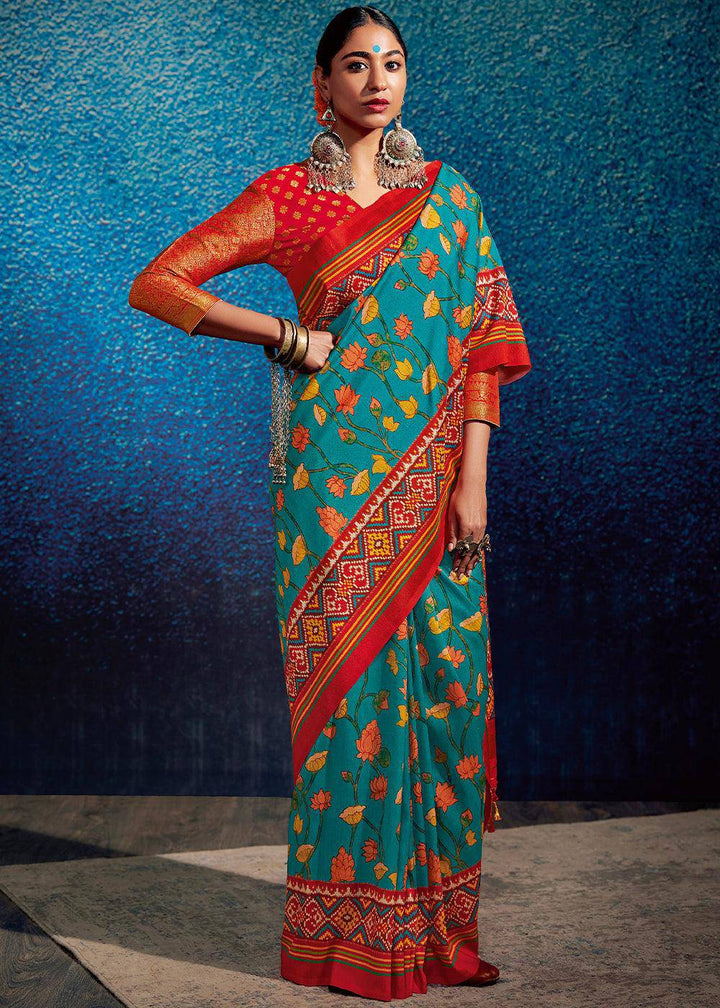 Pacific Blue & Red Kalamkari Printed Soft Tussar Silk Saree with Patola Pallu | Stitched Blouse - qivii