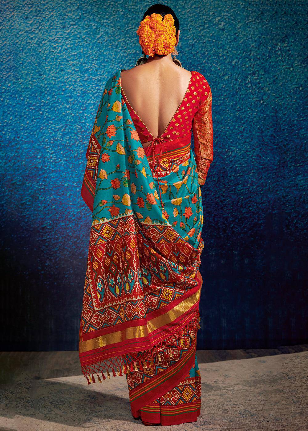 Pacific Blue & Red Kalamkari Printed Soft Tussar Silk Saree with Patola Pallu | Stitched Blouse - qivii