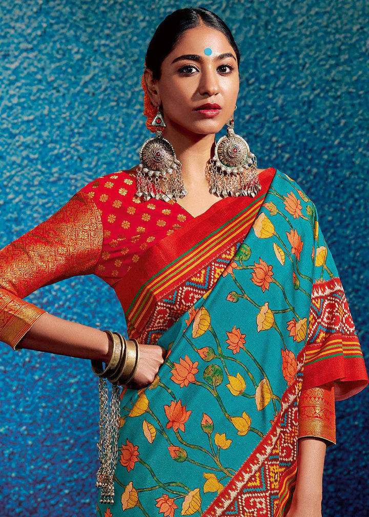 Pacific Blue & Red Kalamkari Printed Soft Tussar Silk Saree with Patola Pallu | Stitched Blouse - qivii