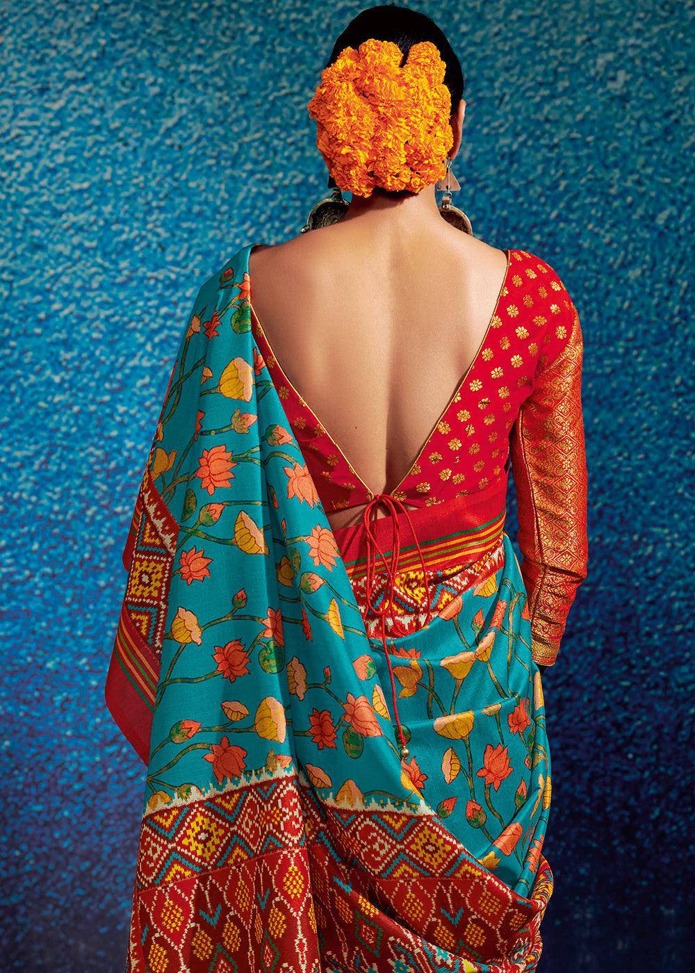 Pacific Blue & Red Kalamkari Printed Soft Tussar Silk Saree with Patola Pallu | Stitched Blouse - qivii