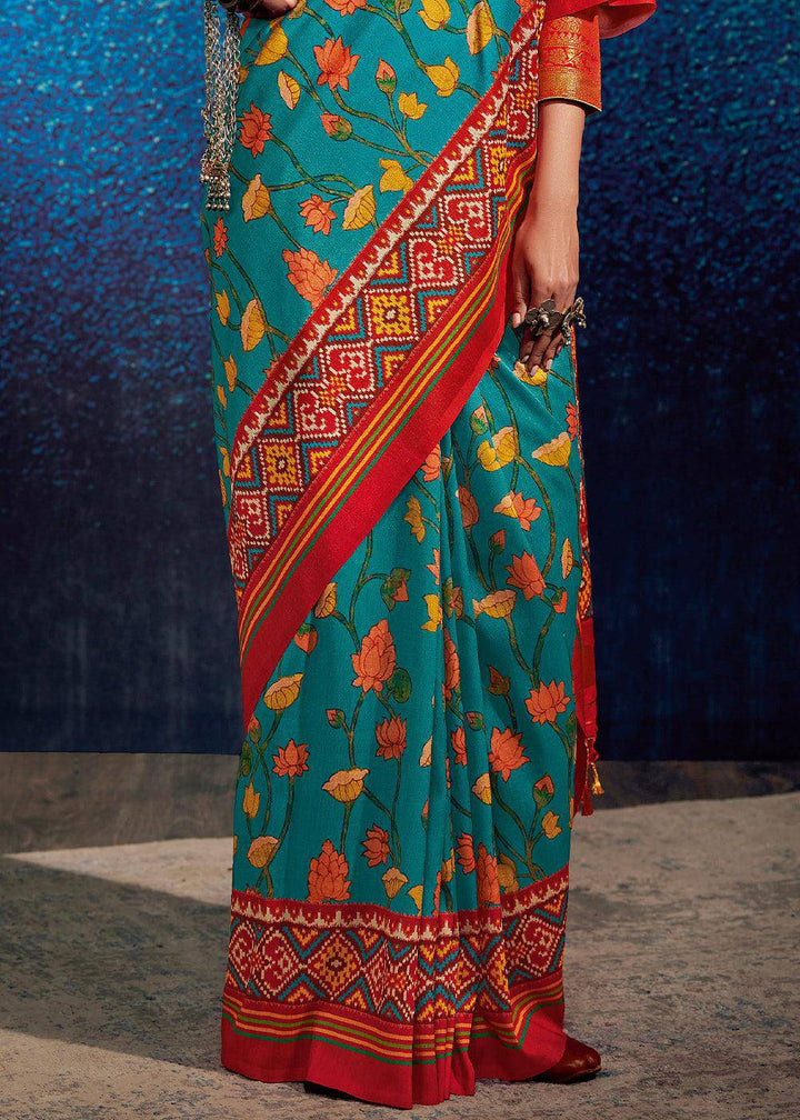 Pacific Blue & Red Kalamkari Printed Soft Tussar Silk Saree with Patola Pallu | Stitched Blouse - qivii