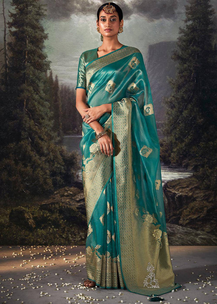 Pacific Blue Zari Woven Organza Silk Saree with Swarovski Work | Stitched Blouse - qivii