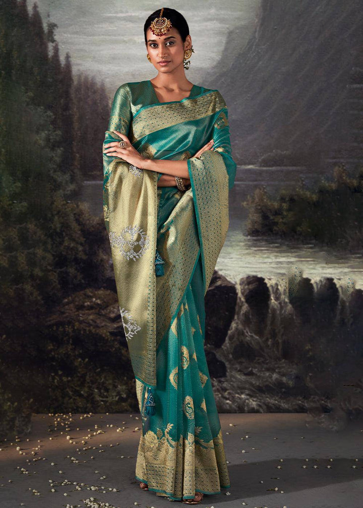 Pacific Blue Zari Woven Organza Silk Saree with Swarovski Work | Stitched Blouse - qivii