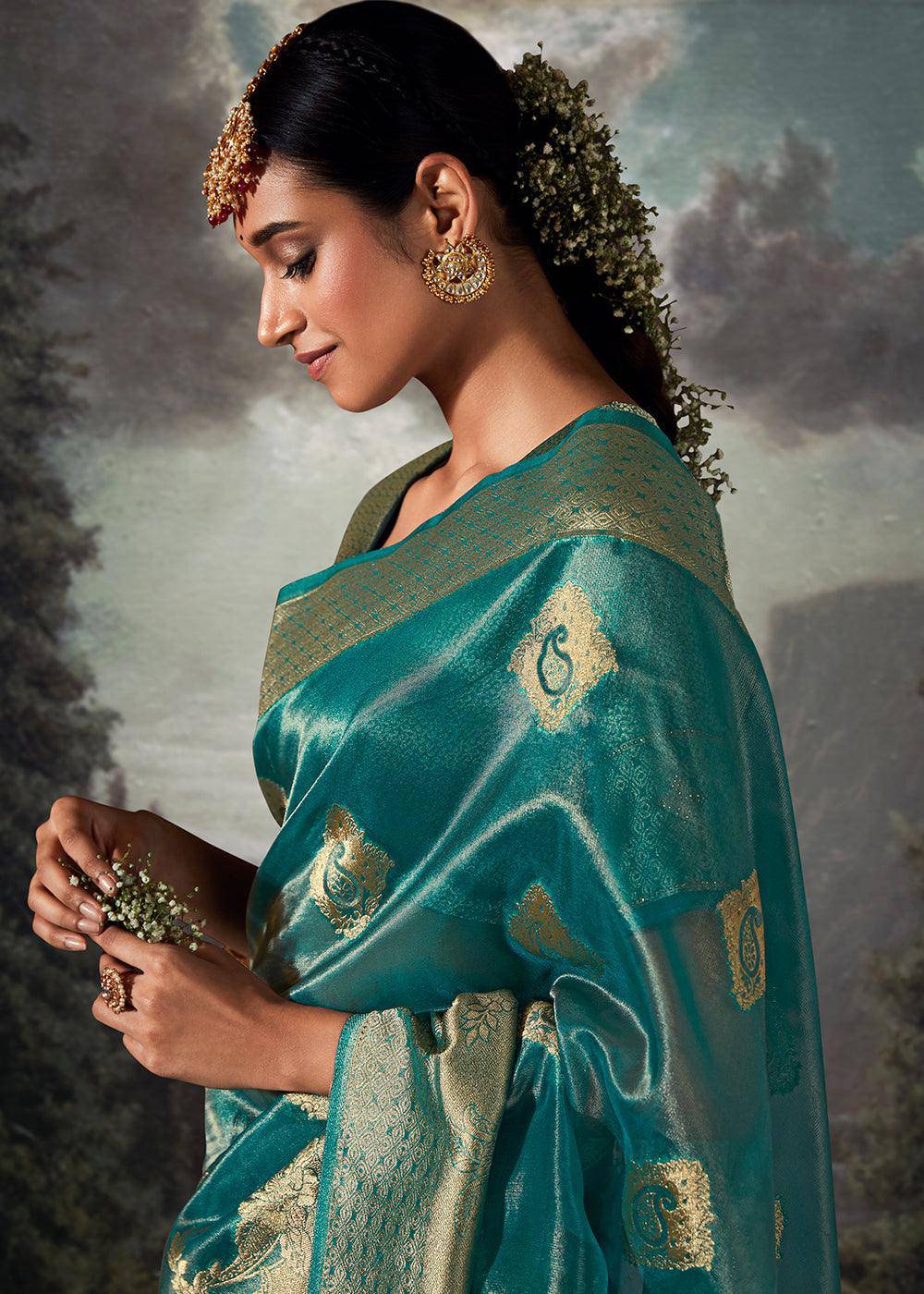 Pacific Blue Zari Woven Organza Silk Saree with Swarovski Work | Stitched Blouse - qivii