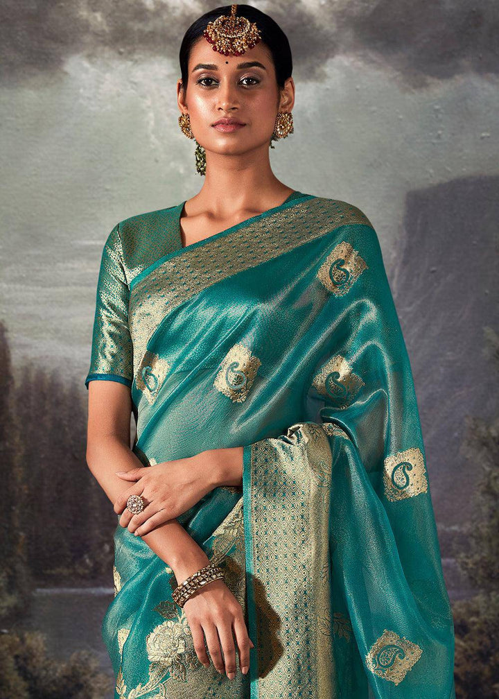 Pacific Blue Zari Woven Organza Silk Saree with Swarovski Work | Stitched Blouse - qivii