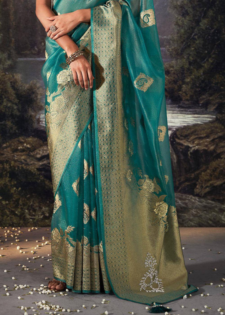 Pacific Blue Zari Woven Organza Silk Saree with Swarovski Work | Stitched Blouse - qivii