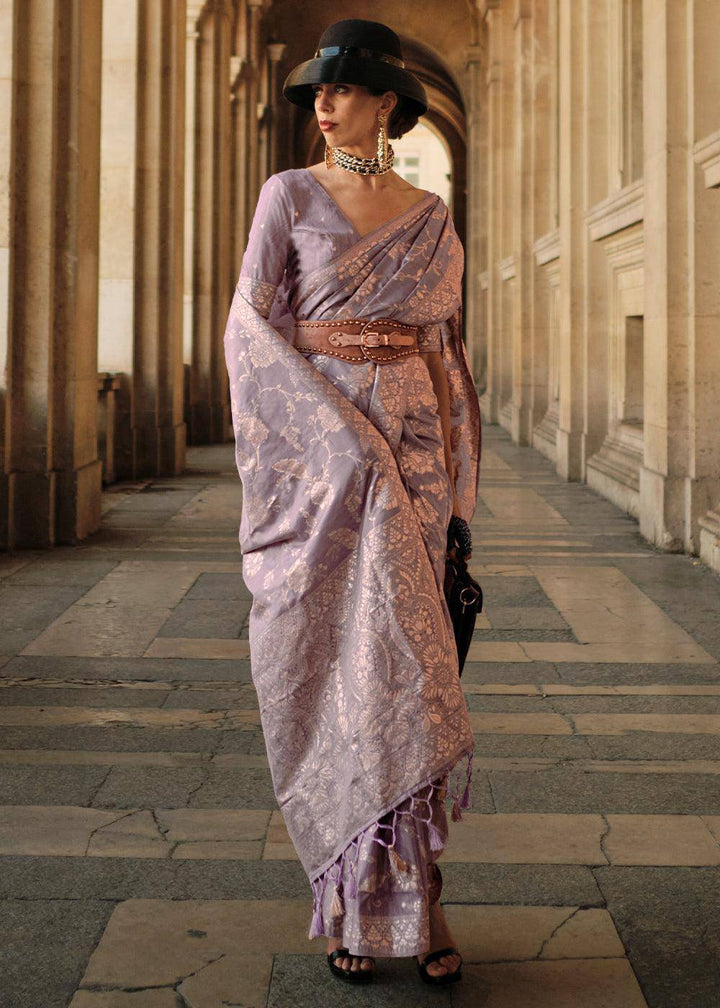 Palatinate Purple Gota Zari Handloom Weaving Silk Saree | Stitched Blouse - qivii