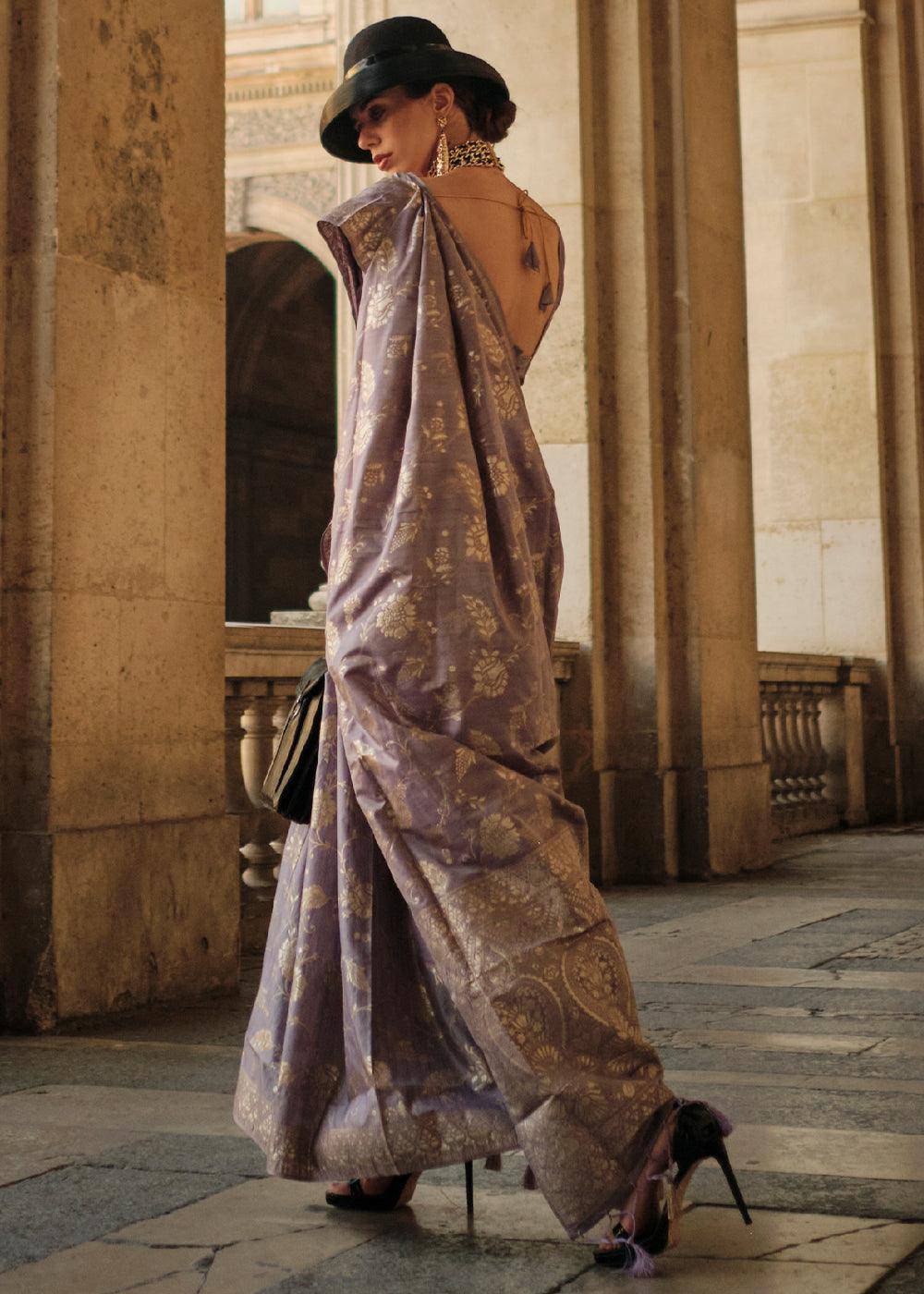 Palatinate Purple Gota Zari Handloom Weaving Silk Saree | Stitched Blouse - qivii