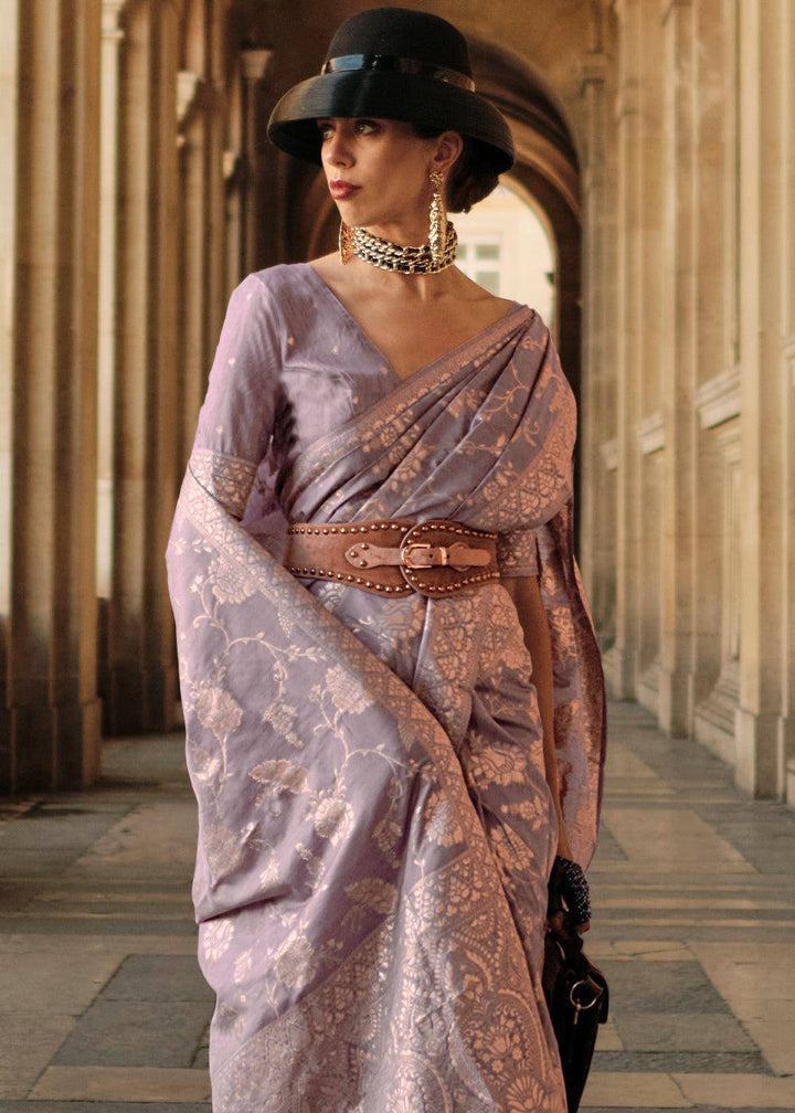 Palatinate Purple Gota Zari Handloom Weaving Silk Saree | Stitched Blouse - qivii