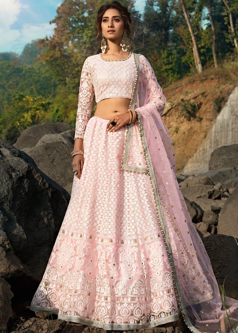 Pale Pink Designer Soft Net Lehenga Choli with Sequins, Thread & Zari work - qivii