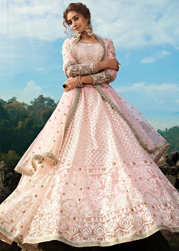 Pale Pink Designer Soft Net Lehenga Choli with Sequins, Thread & Zari work - qivii