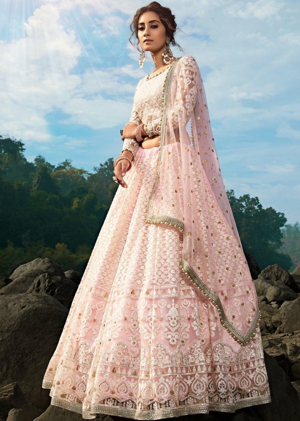 Pale Pink Designer Soft Net Lehenga Choli with Sequins, Thread & Zari work - qivii