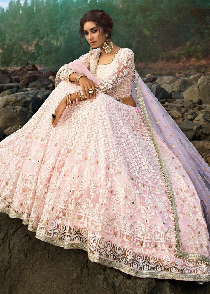 Pale Pink Designer Soft Net Lehenga Choli with Sequins, Thread & Zari work - qivii