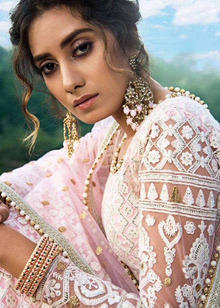 Pale Pink Designer Soft Net Lehenga Choli with Sequins, Thread & Zari work - qivii