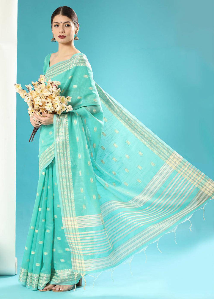 Paled Turquoise Blue Chikankari Weaving Cotton Saree | Stitched Blouse - qivii