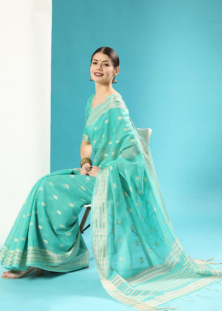 Paled Turquoise Blue Chikankari Weaving Cotton Saree | Stitched Blouse - qivii