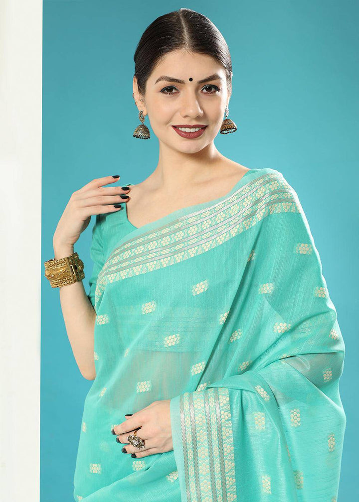 Paled Turquoise Blue Chikankari Weaving Cotton Saree | Stitched Blouse - qivii