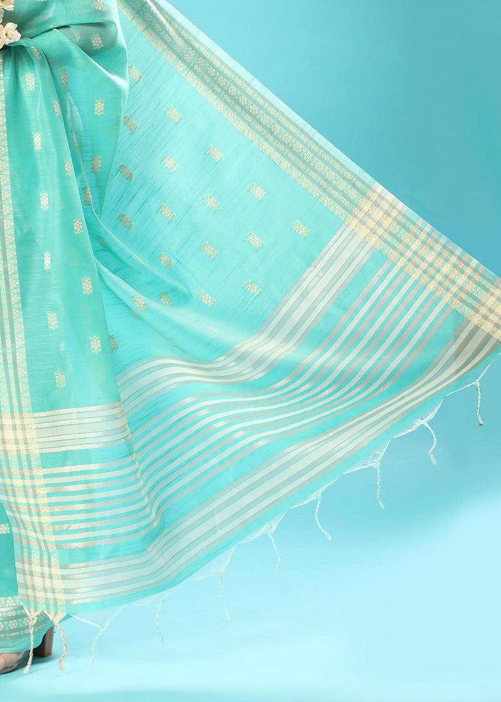 Paled Turquoise Blue Chikankari Weaving Cotton Saree | Stitched Blouse - qivii