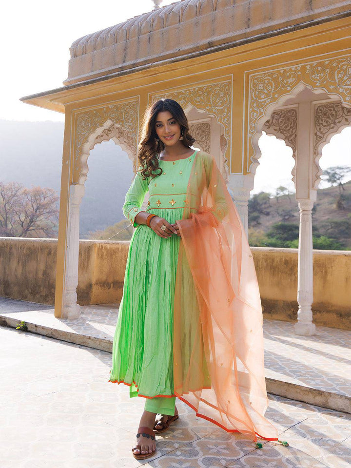 Paradise Green Cotton Gathered Kurta Set - qivii