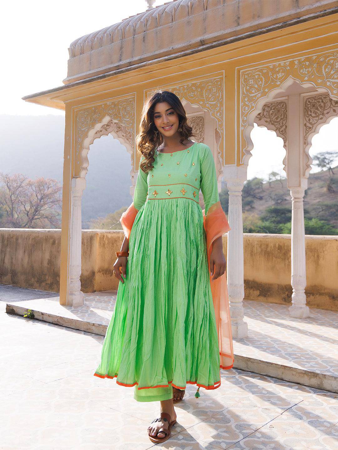 Paradise Green Cotton Gathered Kurta Set - qivii