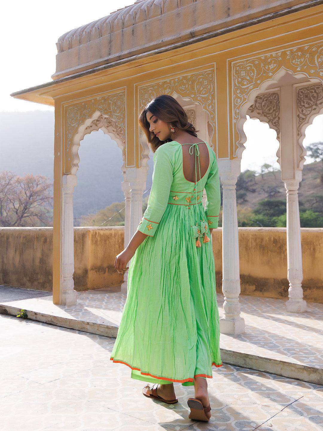 Paradise Green Cotton Gathered Kurta Set - qivii