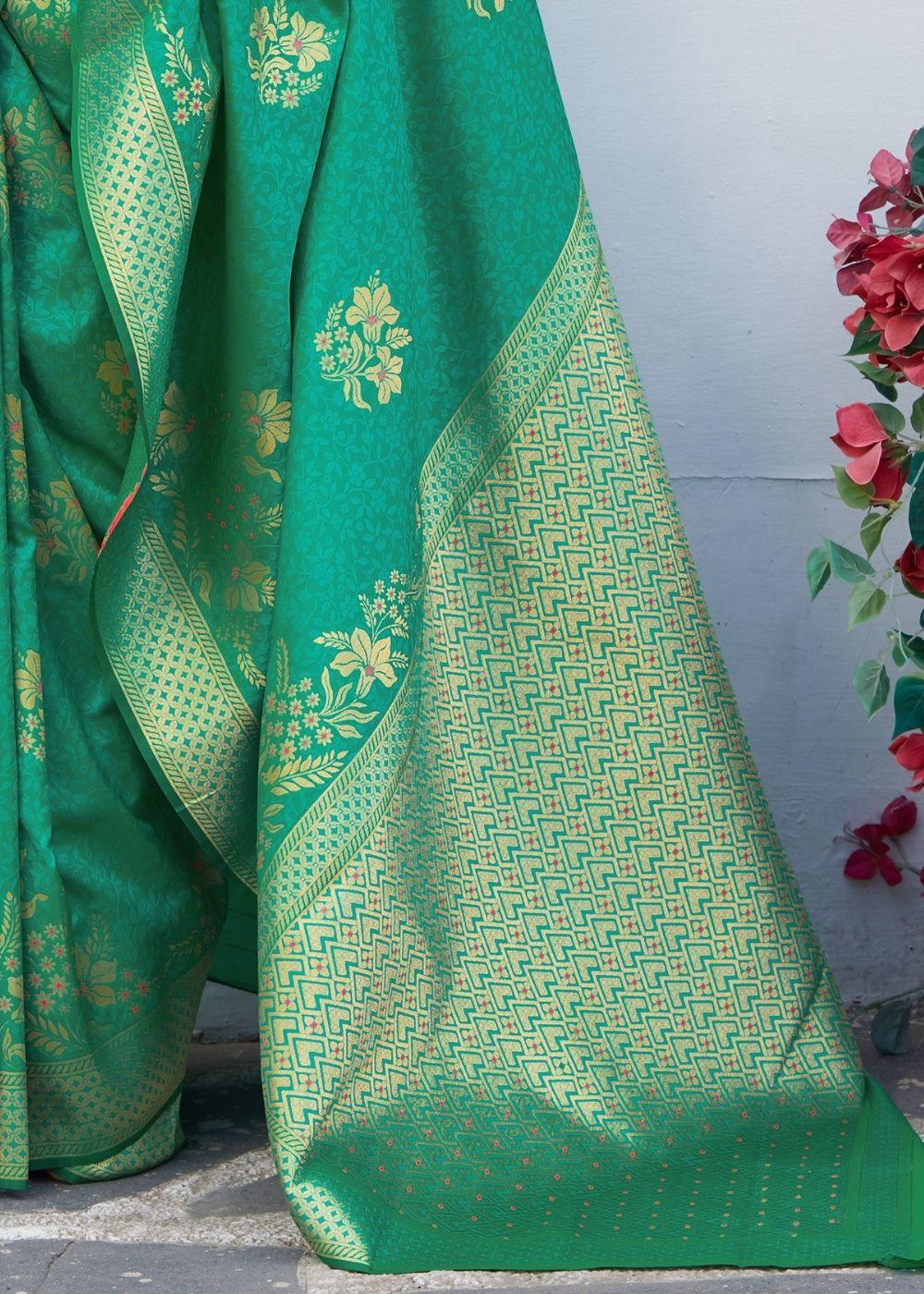 Parakeet Green Floral Motif Silk Saree | Stitched Blouse - qivii