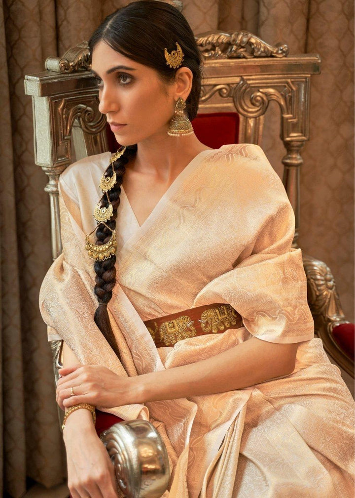 Parchment White & Golden Zari Woven Kanjivaram Silk Saree with Tassels on Pallu | Stitched Blouse - qivii