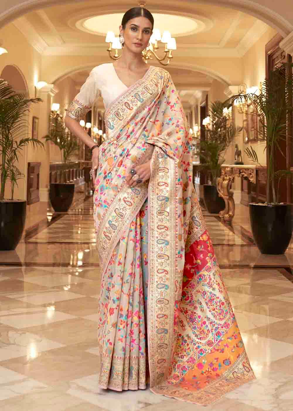 Parchment White Banarasi Jamawar Woven Silk Saree | Stitched Blouse - qivii