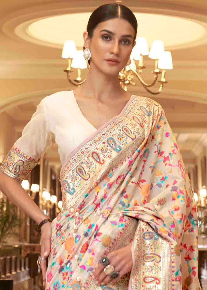 Parchment White Banarasi Jamawar Woven Silk Saree | Stitched Blouse - qivii