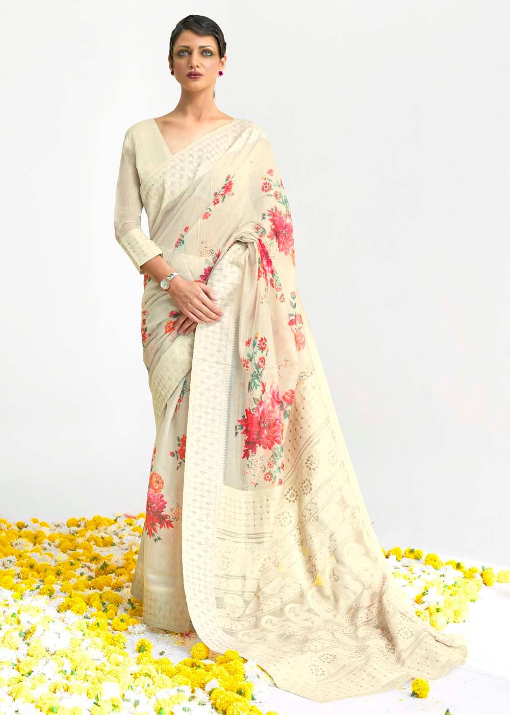 Parchment White Chikankari Silk Saree with Floral Digital Print | Stitched Blouse - qivii