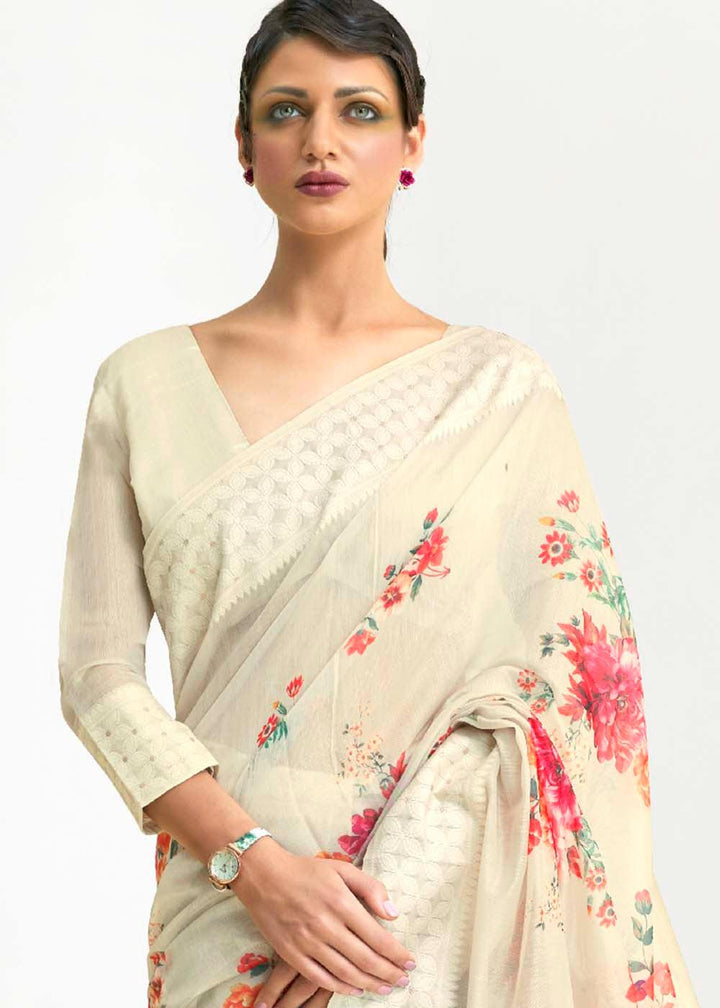 Parchment White Chikankari Silk Saree with Floral Digital Print | Stitched Blouse - qivii