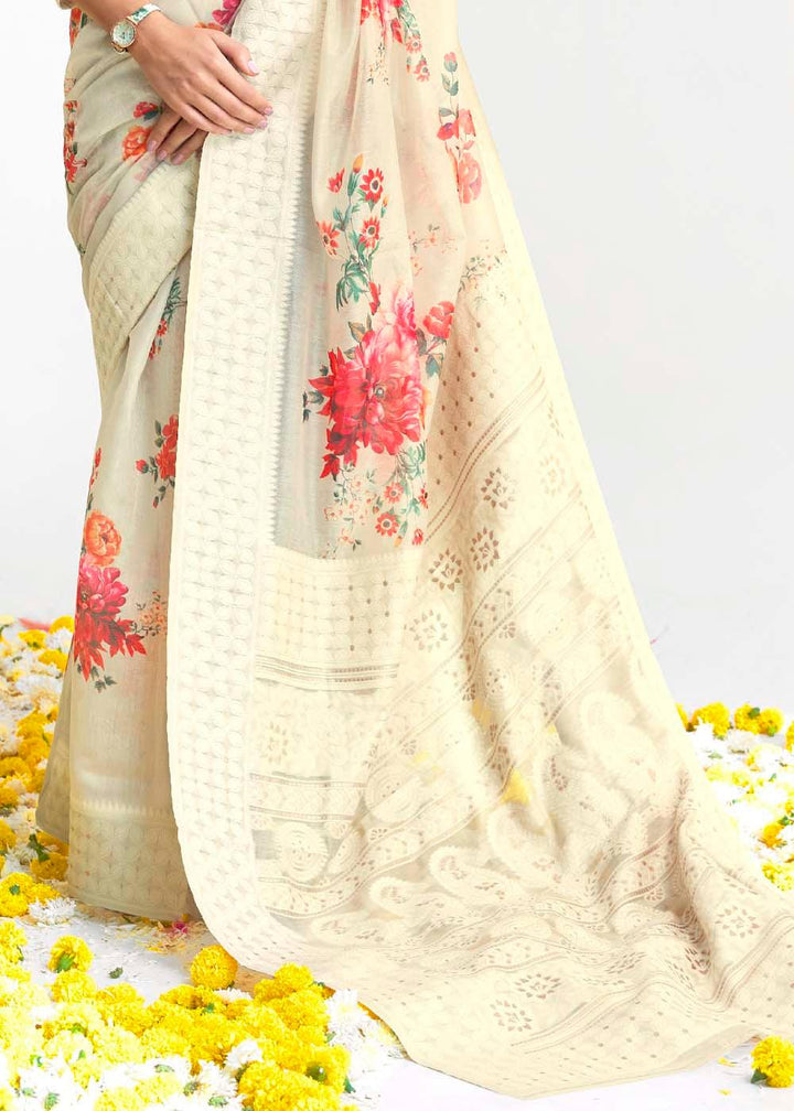 Parchment White Chikankari Silk Saree with Floral Digital Print | Stitched Blouse - qivii