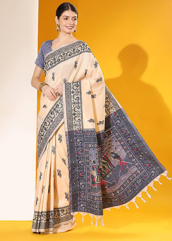 Parchment White Kalamkari Woven Handloom Raw Silk Saree | Stitched Blouse - qivii